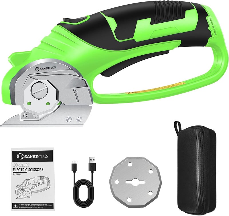 SakerPlus Cordless Electric Scissors, 4V Rechargeable Cardboard Cutter, Cordless Box Cutter, Powerful Cardboard Scissors with Blade, LED Light, Safety Lock for Cutting Fabric Leather - Image 1